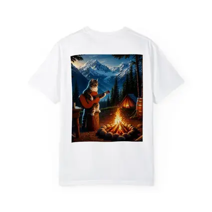 Tabby Cat Playing Guitar Campfire Mountains