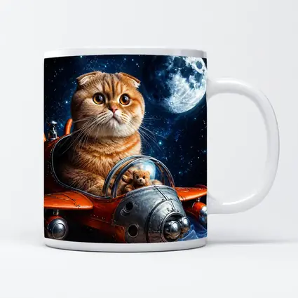 Scottish Fold Cat Riding Space Rocket Moon
