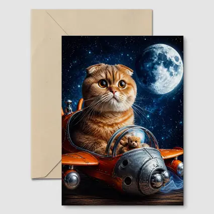 Scottish Fold Cat Riding Space Rocket Moon