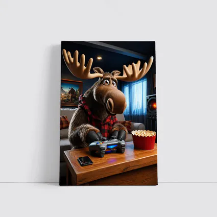 Cartoon Moose Gaming In Cozy Living Room