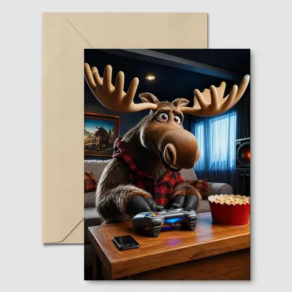 Cartoon Moose Gaming In Cozy Living Room