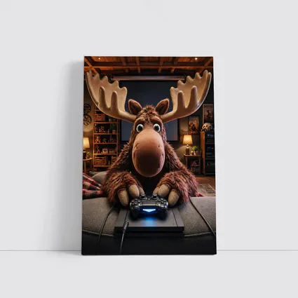 Cartoon Moose Gaming in Cozy Living Room