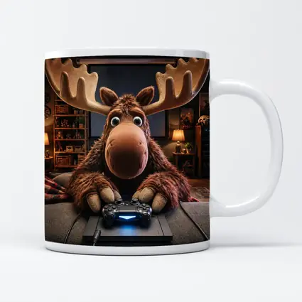Cartoon Moose Gaming in Cozy Living Room