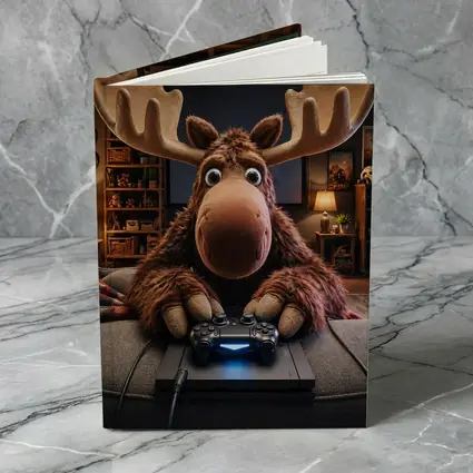 Cartoon Moose Gaming in Cozy Living Room