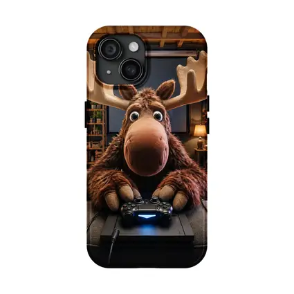 Cartoon Moose Gaming in Cozy Living Room