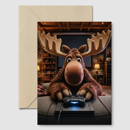 Cartoon Moose Gaming in Cozy Living Room