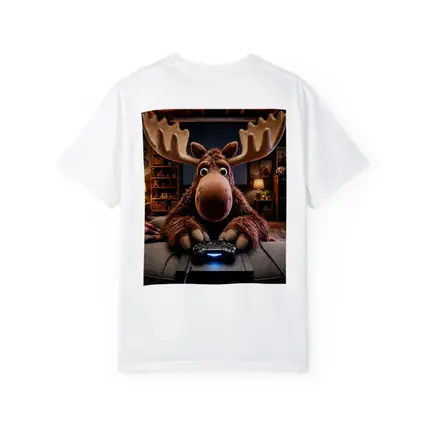 Cartoon Moose Gaming in Cozy Living Room