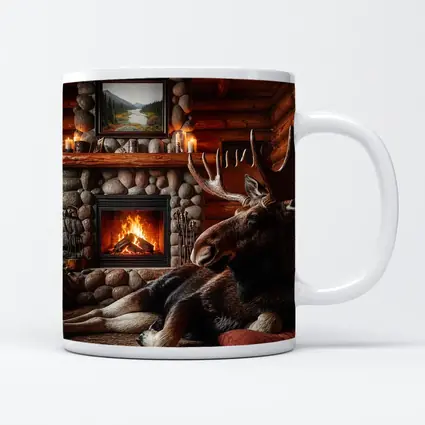 Moose Resting By Stone Fireplace Cabin