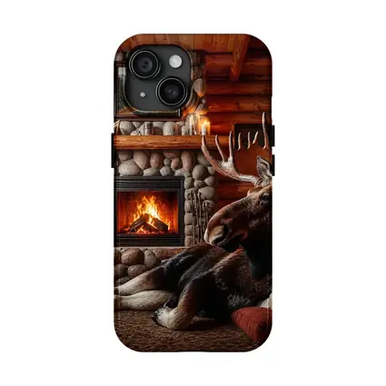 Moose Resting By Stone Fireplace Cabin