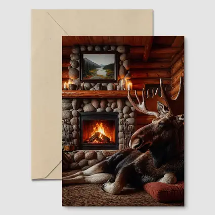 Moose Resting By Stone Fireplace Cabin