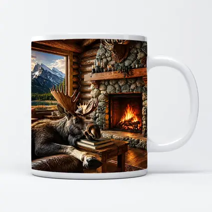Moose Relaxing By Cozy Cabin Fireplace