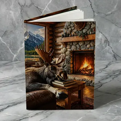 Moose Relaxing By Cozy Cabin Fireplace