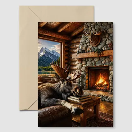 Moose Relaxing By Cozy Cabin Fireplace