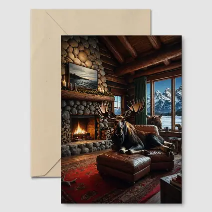 Moose Relaxing By Stone Fireplace Mountain Cabin