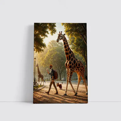 Man Walking Giraffe In Sunny Park