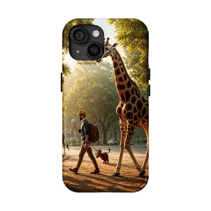Man Walking Giraffe In Sunny Park
