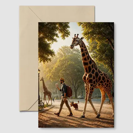 Man Walking Giraffe In Sunny Park