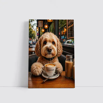 Goldendoodle Dog Sitting in Cozy Cafe