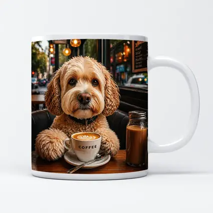 Goldendoodle Dog Sitting in Cozy Cafe