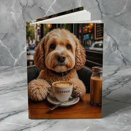 Goldendoodle Dog Sitting in Cozy Cafe