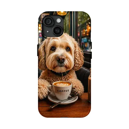 Goldendoodle Dog Sitting in Cozy Cafe