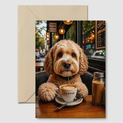 Goldendoodle Dog Sitting in Cozy Cafe