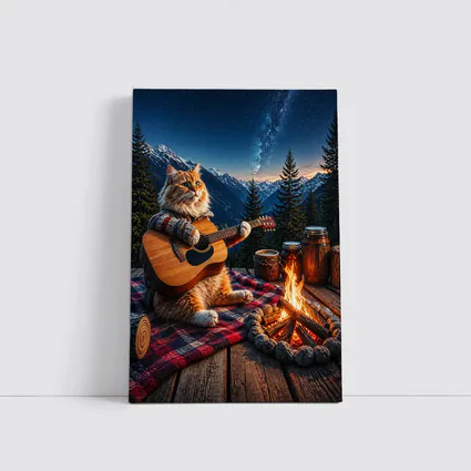 Cat Playing Guitar By Mountain Campfire
