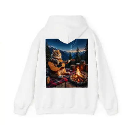 Cat Playing Guitar By Mountain Campfire