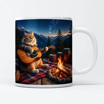 Cat Playing Guitar By Mountain Campfire