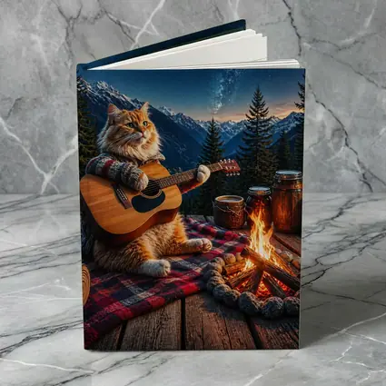 Cat Playing Guitar By Mountain Campfire
