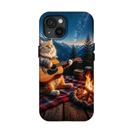 Cat Playing Guitar By Mountain Campfire