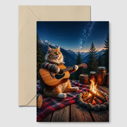 Cat Playing Guitar By Mountain Campfire