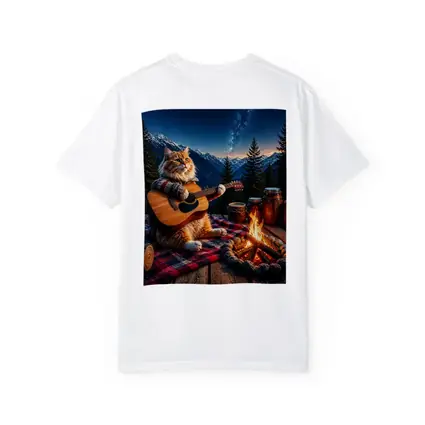 Cat Playing Guitar By Mountain Campfire