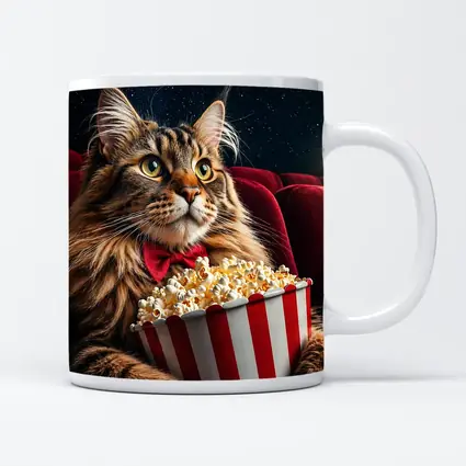 Maine Coon Cat Watching Movie With Popcorn