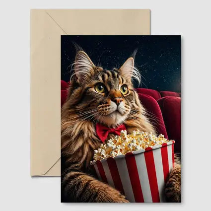 Maine Coon Cat Watching Movie With Popcorn