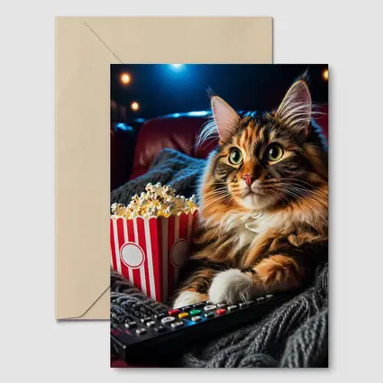 Maine Coon Cat Movie Night With Popcorn