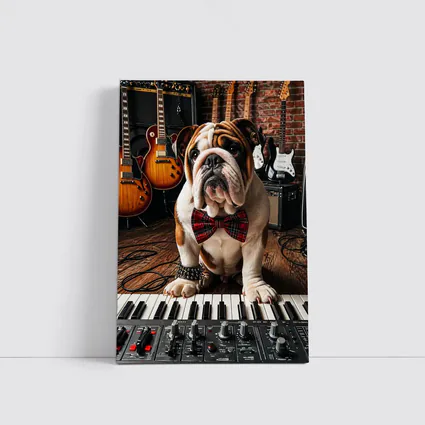English Bulldog Playing Keyboard in Music Studio