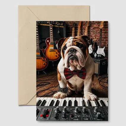 English Bulldog Playing Keyboard in Music Studio