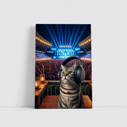 Tabby Cat Wearing Headphones at Concert