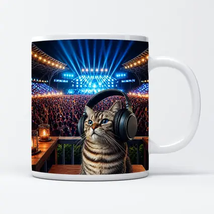 Tabby Cat Wearing Headphones at Concert