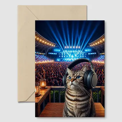 Tabby Cat Wearing Headphones at Concert