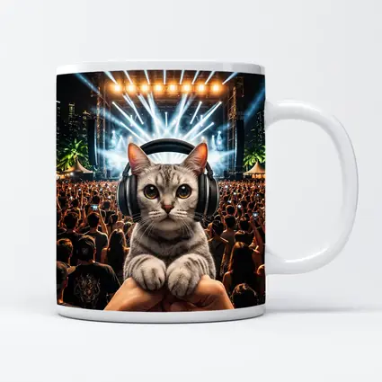 Cat With Headphones At Music Festival