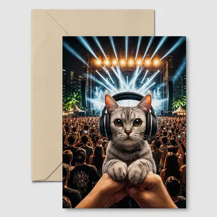 Cat With Headphones At Music Festival