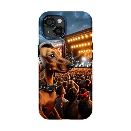 Dachshund With Headphones At Rock Concert