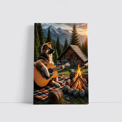 German Shepherd Playing Guitar Forest Cabin