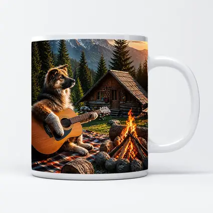 German Shepherd Playing Guitar Forest Cabin