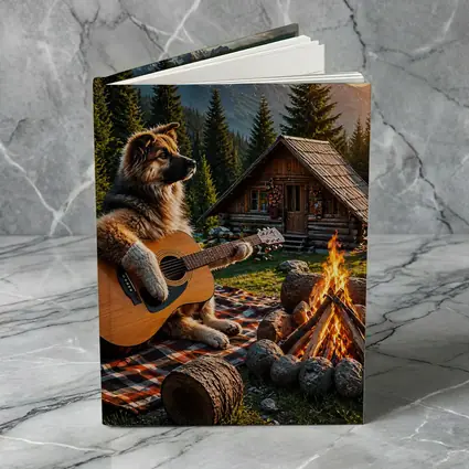 German Shepherd Playing Guitar Forest Cabin
