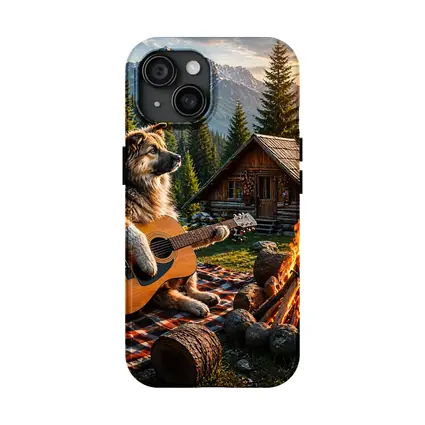 German Shepherd Playing Guitar Forest Cabin
