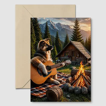 German Shepherd Playing Guitar Forest Cabin