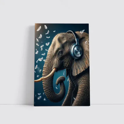 Elephant Wearing Headphones With Flying Feathers